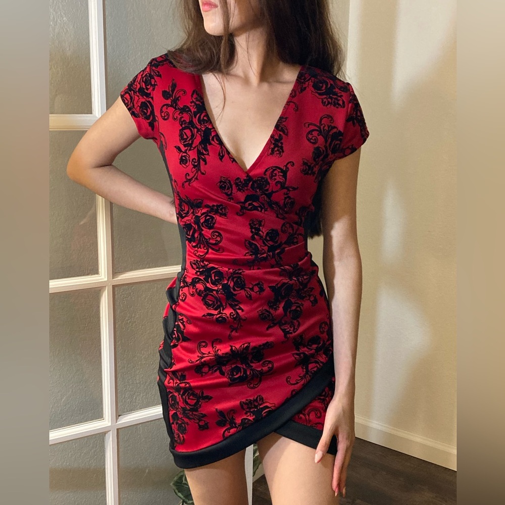 Red & Black Flocked Patterned Wrap Dress | Crave Fame by Almost Famous | Macy’s